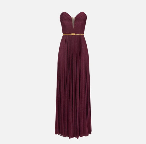 Abito red carpet in jersey lurex plissettato con cintura