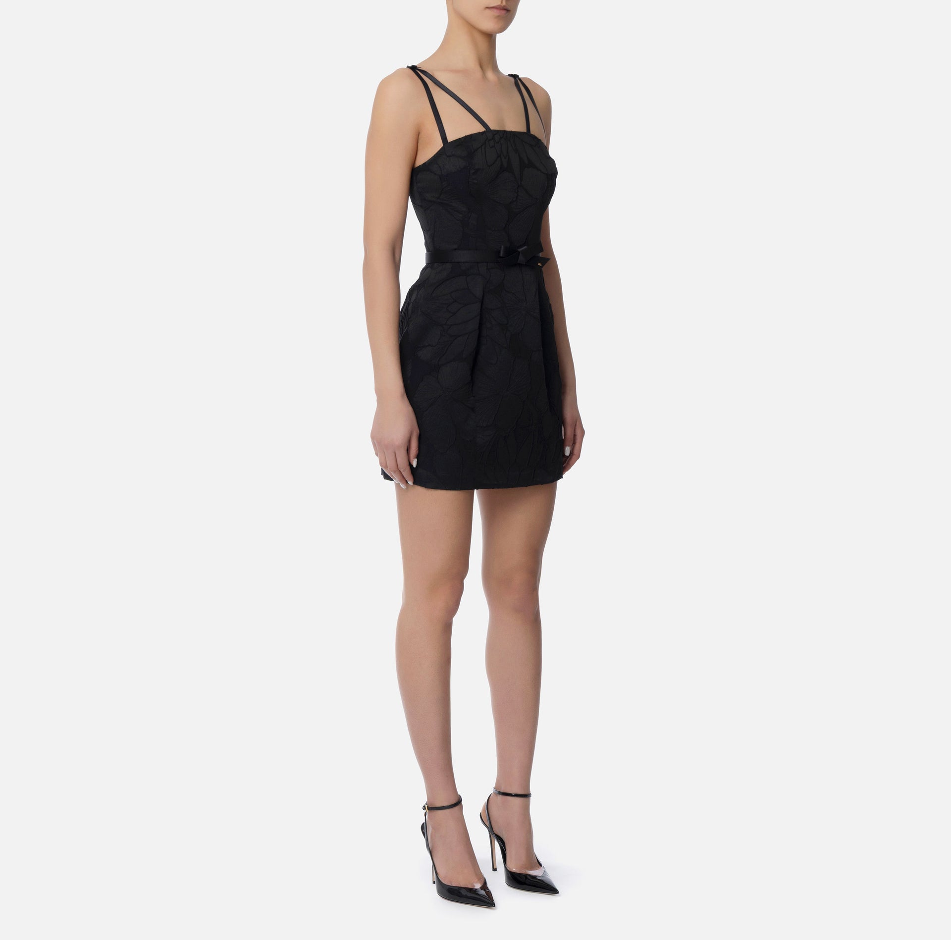 Abito in jacquard floreale con cintura