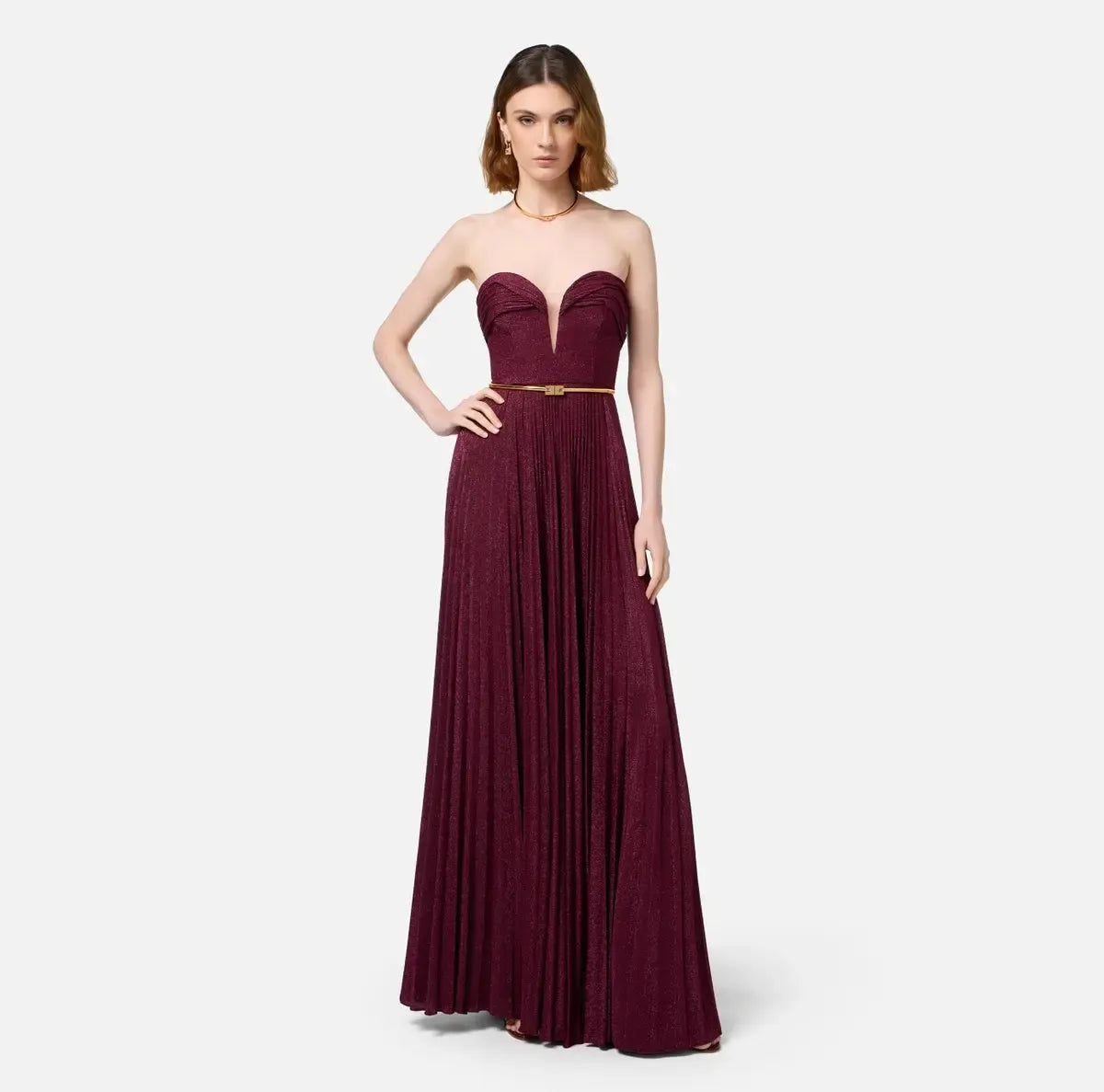 Abito red carpet in jersey lurex plissettato con cintura