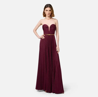 Abito red carpet in jersey lurex plissettato con cintura