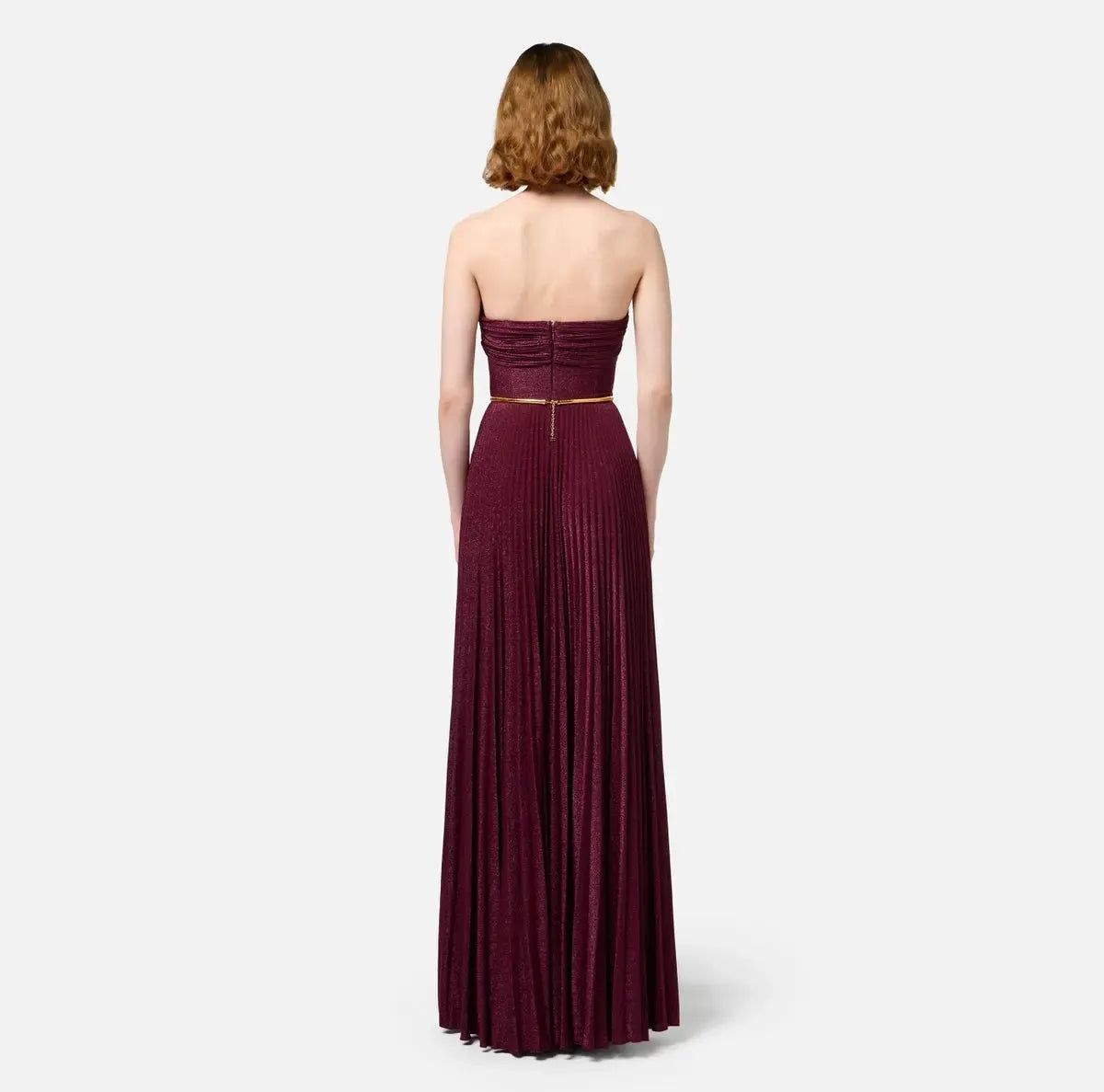 Abito red carpet in jersey lurex plissettato con cintura