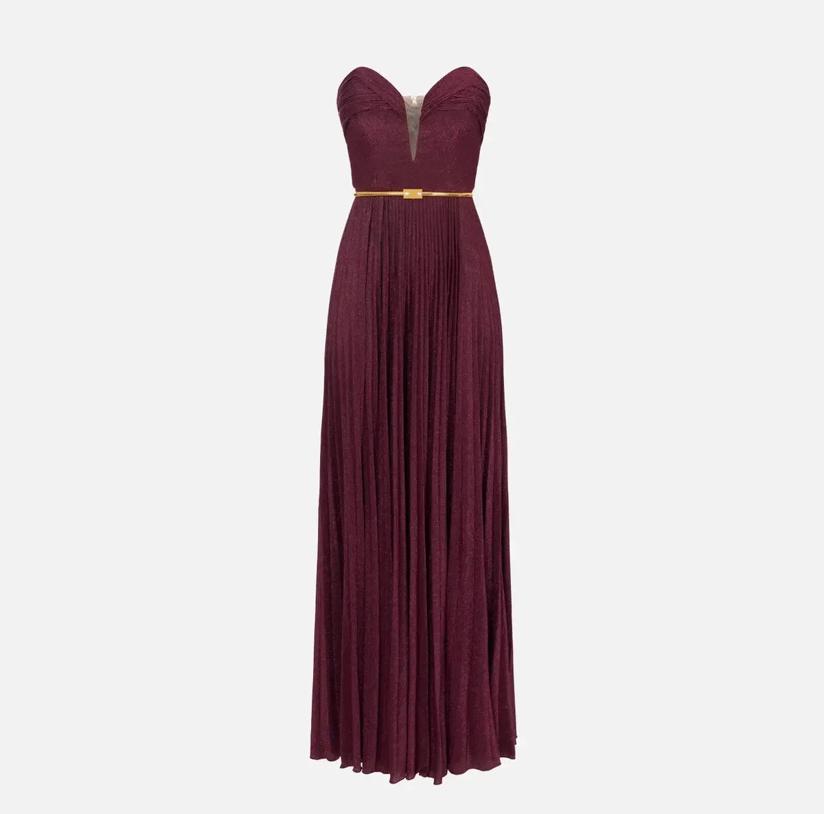Abito red carpet in jersey lurex plissettato con cintura
