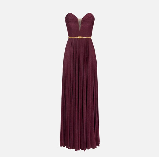 Abito red carpet in jersey lurex plissettato con cintura
