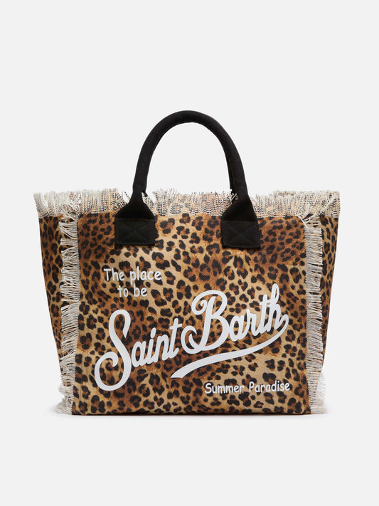 Borsa a spalla Vanity in canvas di cotone con stampa leopardata