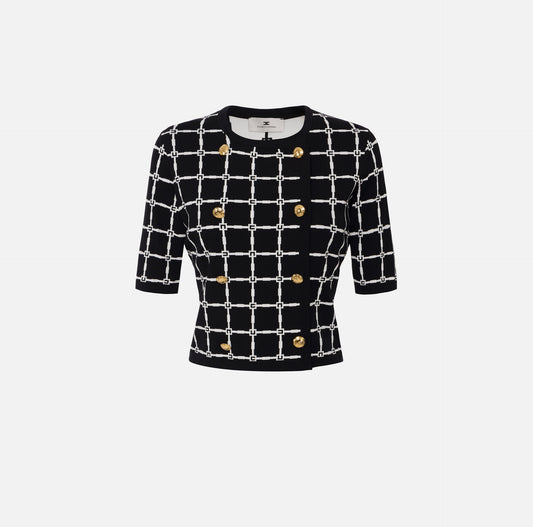Cardigan in jacquard logo con bottoni dorati
