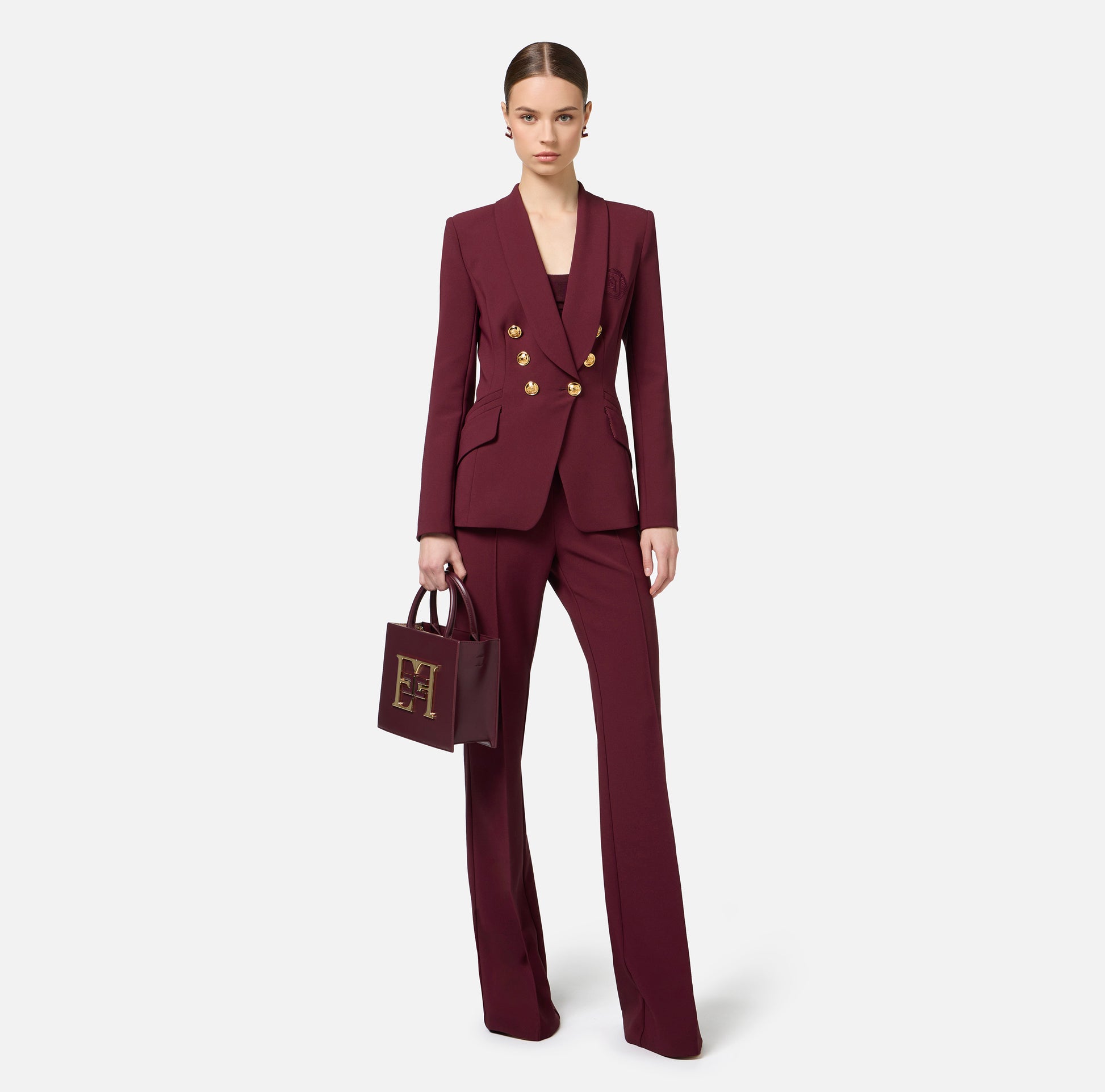 Elisabetta Franchi - Tailleur In Doppio Crêpe Stretch Con Giacca Sciallata E Pantalone A Palazzo