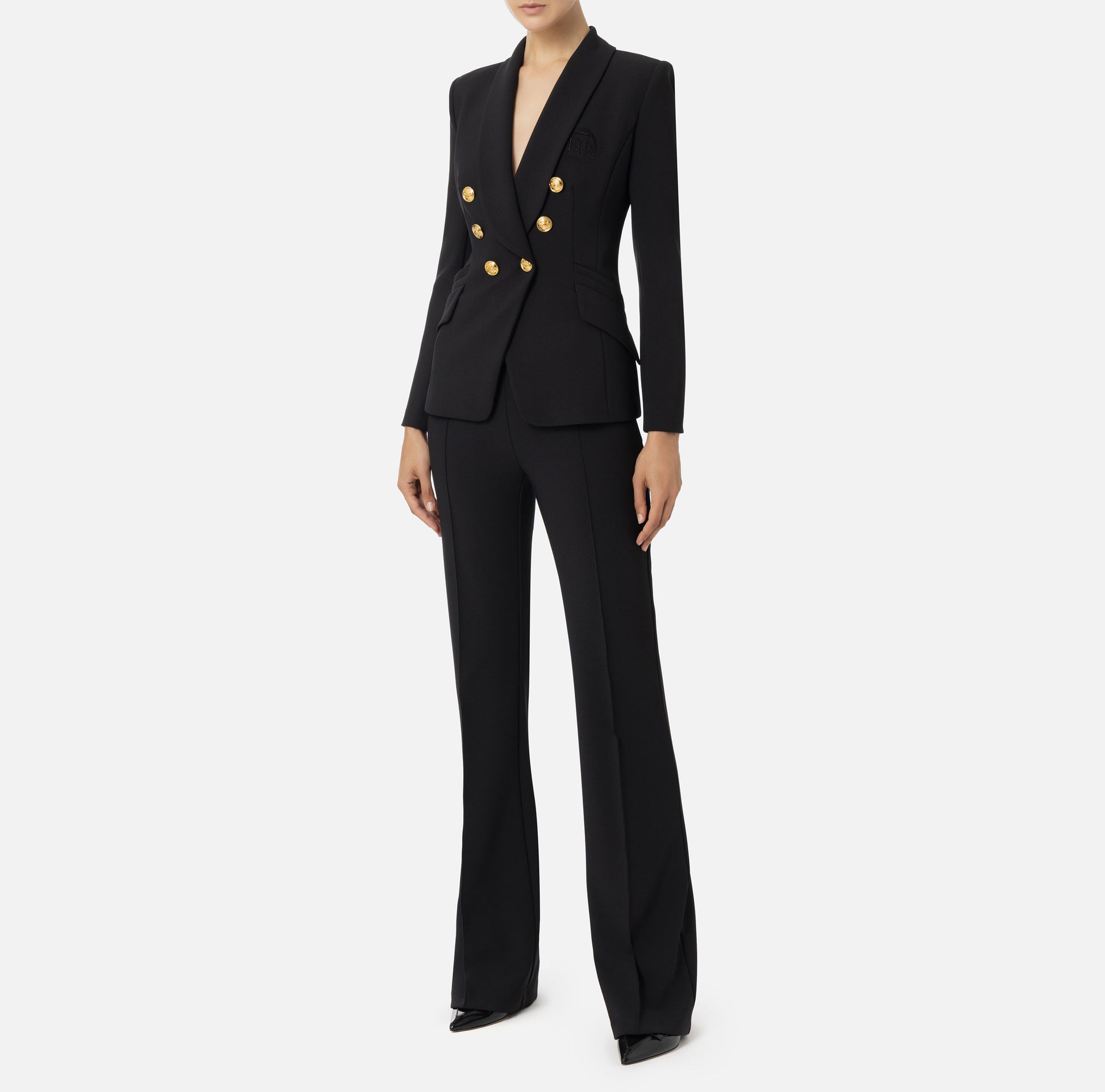 Elisabetta Franchi - Tailleur In Doppio Crêpe Stretch Con Giacca Sciallata E Pantalone A Palazzo
