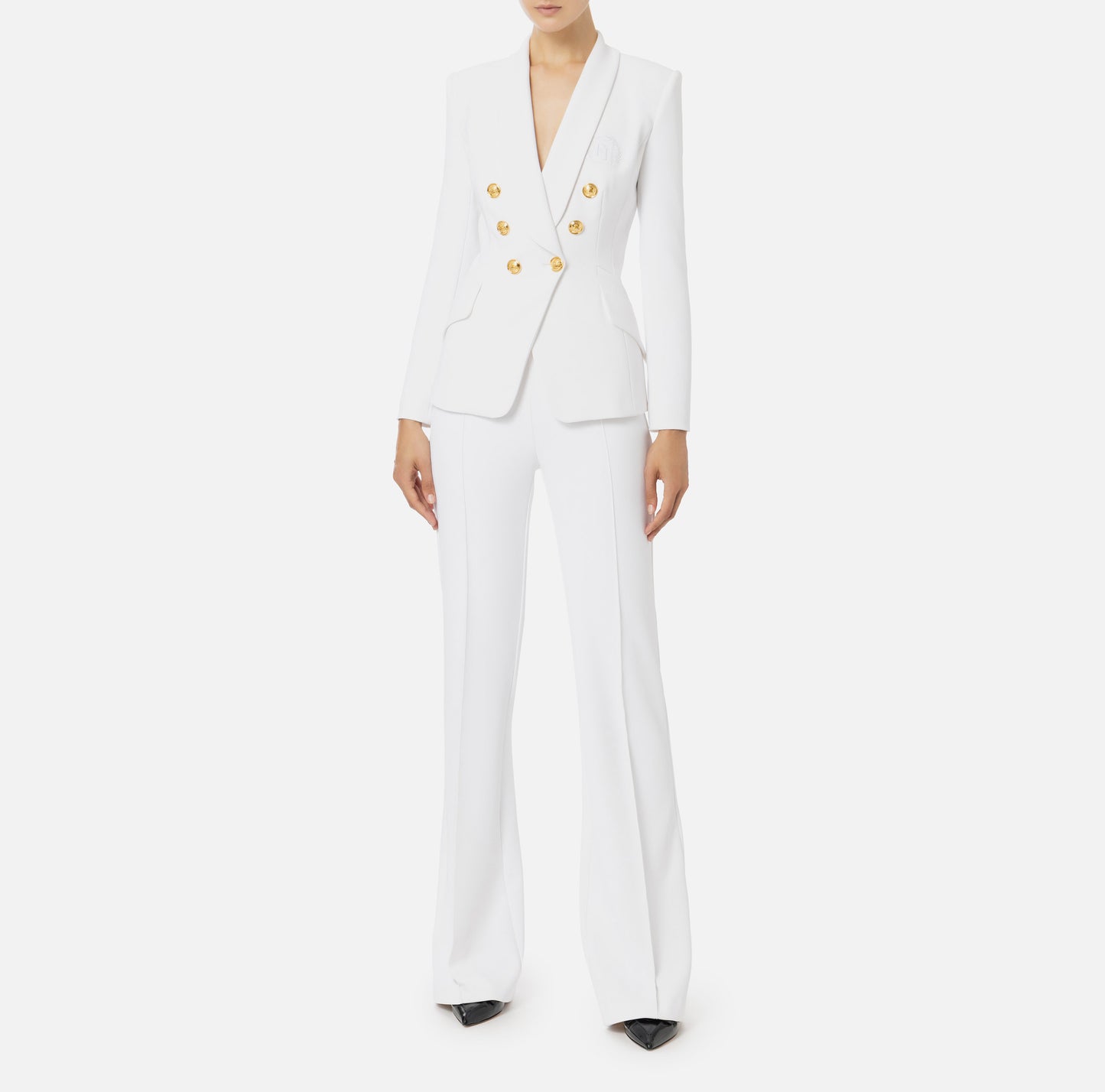 Elisabetta Franchi - Tailleur In Doppio Crêpe Stretch Con Giacca Sciallata E Pantalone A Palazzo