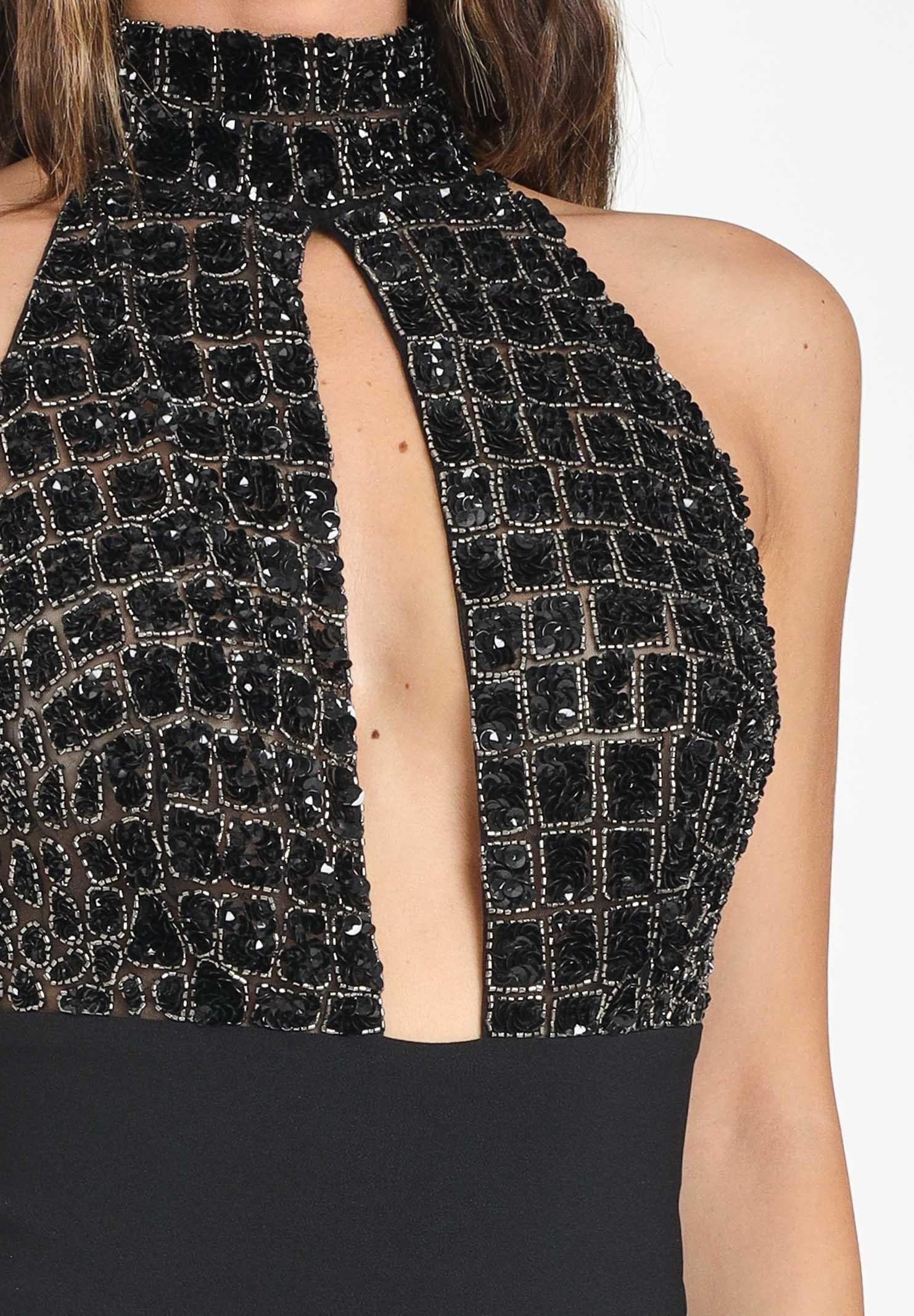 Elisabetta Franchi Tuta in Crêpe Leggero e Tulle con Ricami Cocco Nero