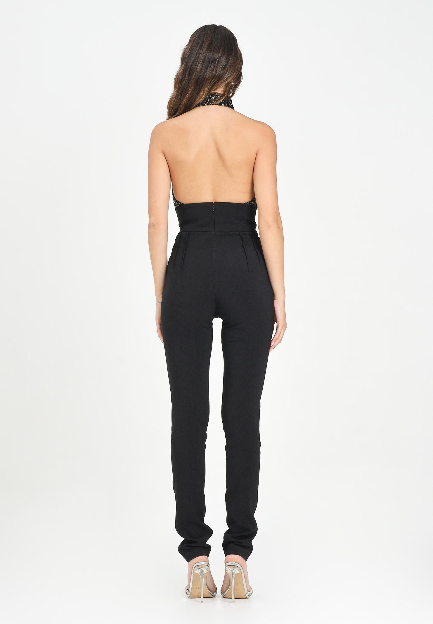 Elisabetta Franchi Tuta in Crêpe Leggero e Tulle con Ricami Cocco Nero