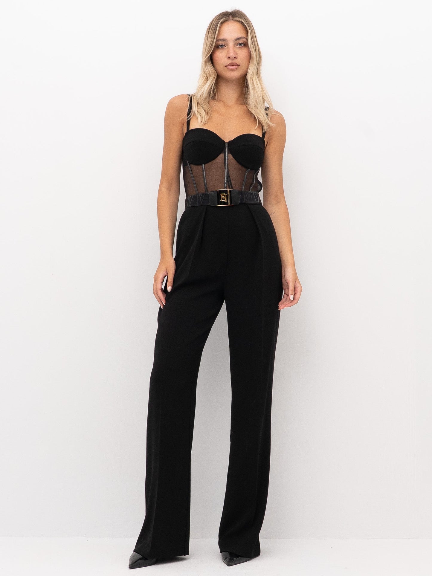 Elisabetta Franchi Tuta longuette con bustier in tulle e cintura