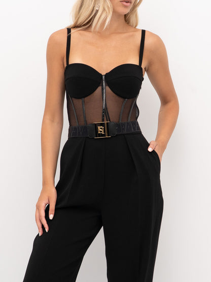 Elisabetta Franchi Tuta longuette con bustier in tulle e cintura