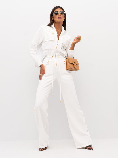 Elisabetta Franchi – Tuta lunga avorio in cotone e poliestere con zip frontale