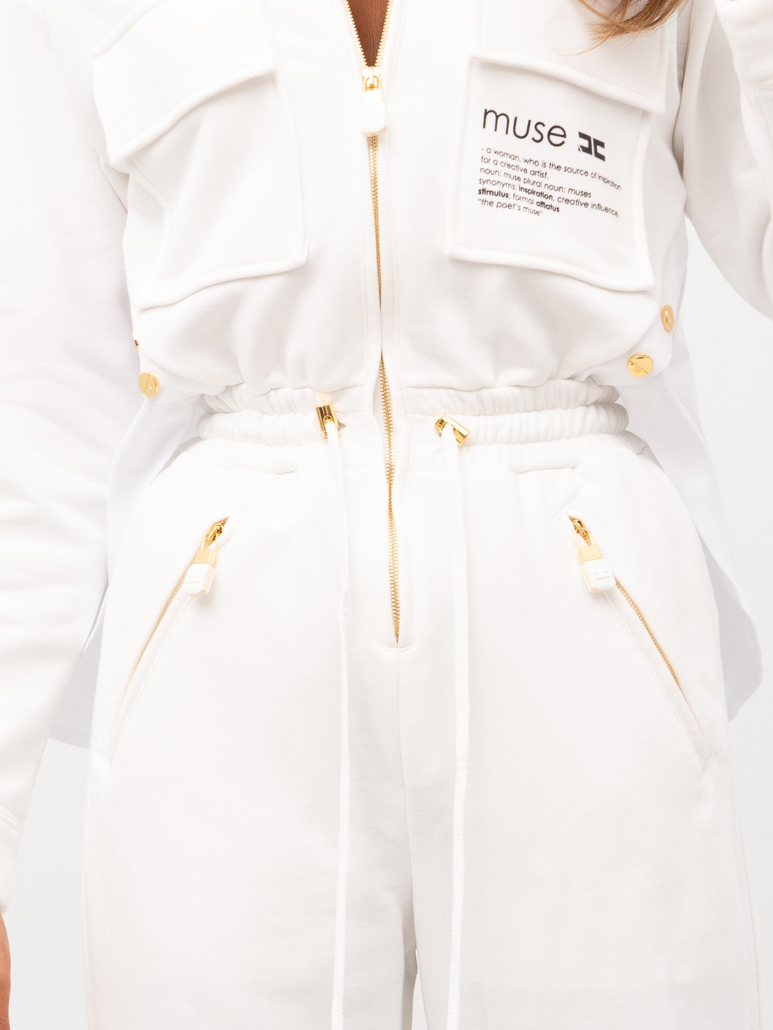 Elisabetta Franchi – Tuta lunga avorio in cotone e poliestere con zip frontale