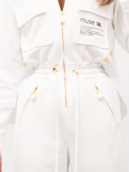 Elisabetta Franchi – Tuta lunga avorio in cotone e poliestere con zip frontale