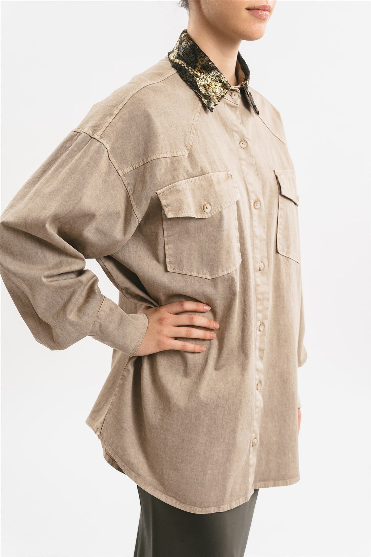 Pink Memories CAMICIA IN GABARDINA CON COLLO IN PAILLETTES